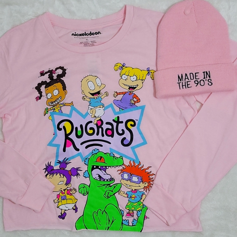 Pink Nickelodeon Rugrats Reptar Graphic Long Sleeve Crop Top Tee and Hat…